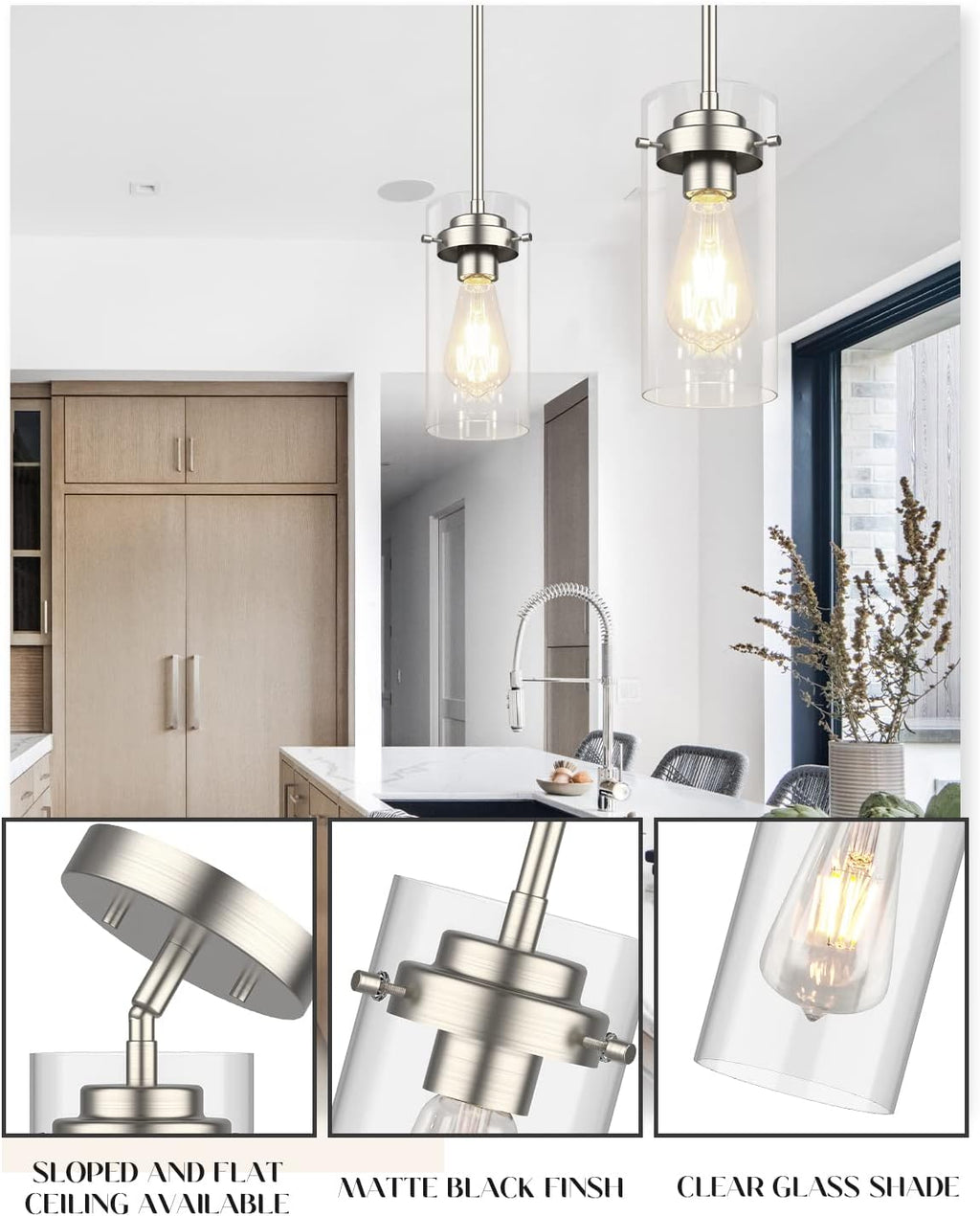 EAPUDUN Pendant Light (2 Packs), Kitchen Ceiling Hanging Light, Adjustable Height, Kitchen Light Fixtures Brushed Nickel Pendant Lights, Farmhouse Pendant Lighting for Sink Island, Home Décor Lighting