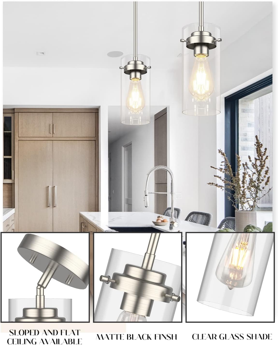 EAPUDUN Pendant Light (2 Packs), Kitchen Ceiling Hanging Light, Adjustable Height, Kitchen Light Fixtures Brushed Nickel Pendant Lights, Farmhouse Pendant Lighting for Sink Island, Home Décor Lighting