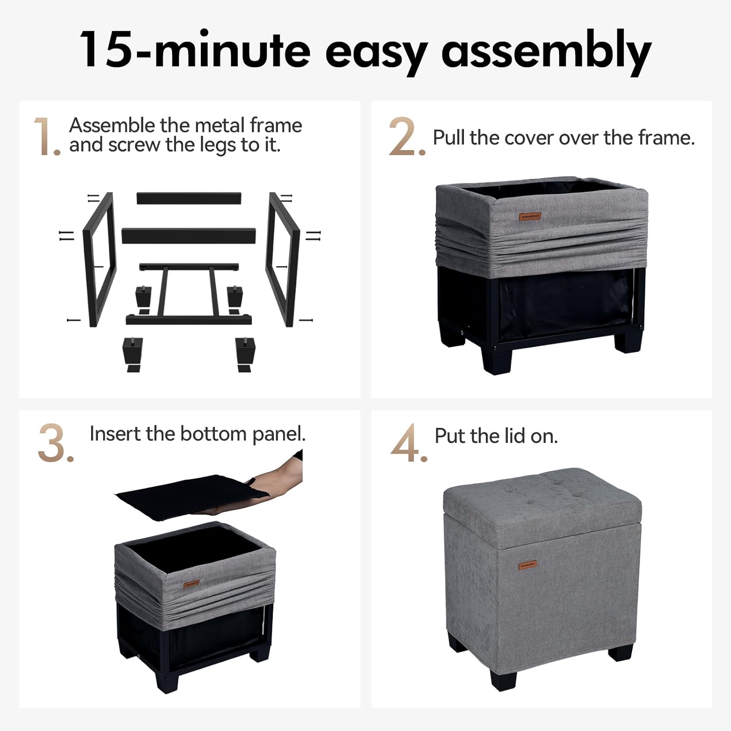 ABHENG Chenille Metal Framed Storage Ottoman,12.2" D x 16.1" W x 17.7" H Tufted Upholstered Ottoman with Storage,Foot Rest Stool with Legs,Holds 770 LB for Dorm Living Room Bedroom Gray UASND70G