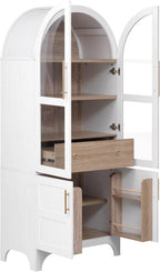 71" Farmhouse Tall Arched Kitchen Pantry Cabinet with Adjustable Shelves and Hidden Drawer, Anti-Tipping Storage Cupboard with Glass Door for Kitchen, Dining Room (White)