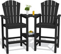 KINGYES Tall Adirondack Chair Set of 2 with Double Connecting Trays, Outdoor HDPE Adirondack Barstools, High Airondack Chair with Wood Grain, Embossed Balcony Chair for Backyard, Black