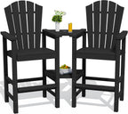 KINGYES Tall Adirondack Chair Set of 2 with Double Connecting Trays, Outdoor HDPE Adirondack Barstools, High Airondack Chair with Wood Grain, Embossed Balcony Chair for Backyard, Black
