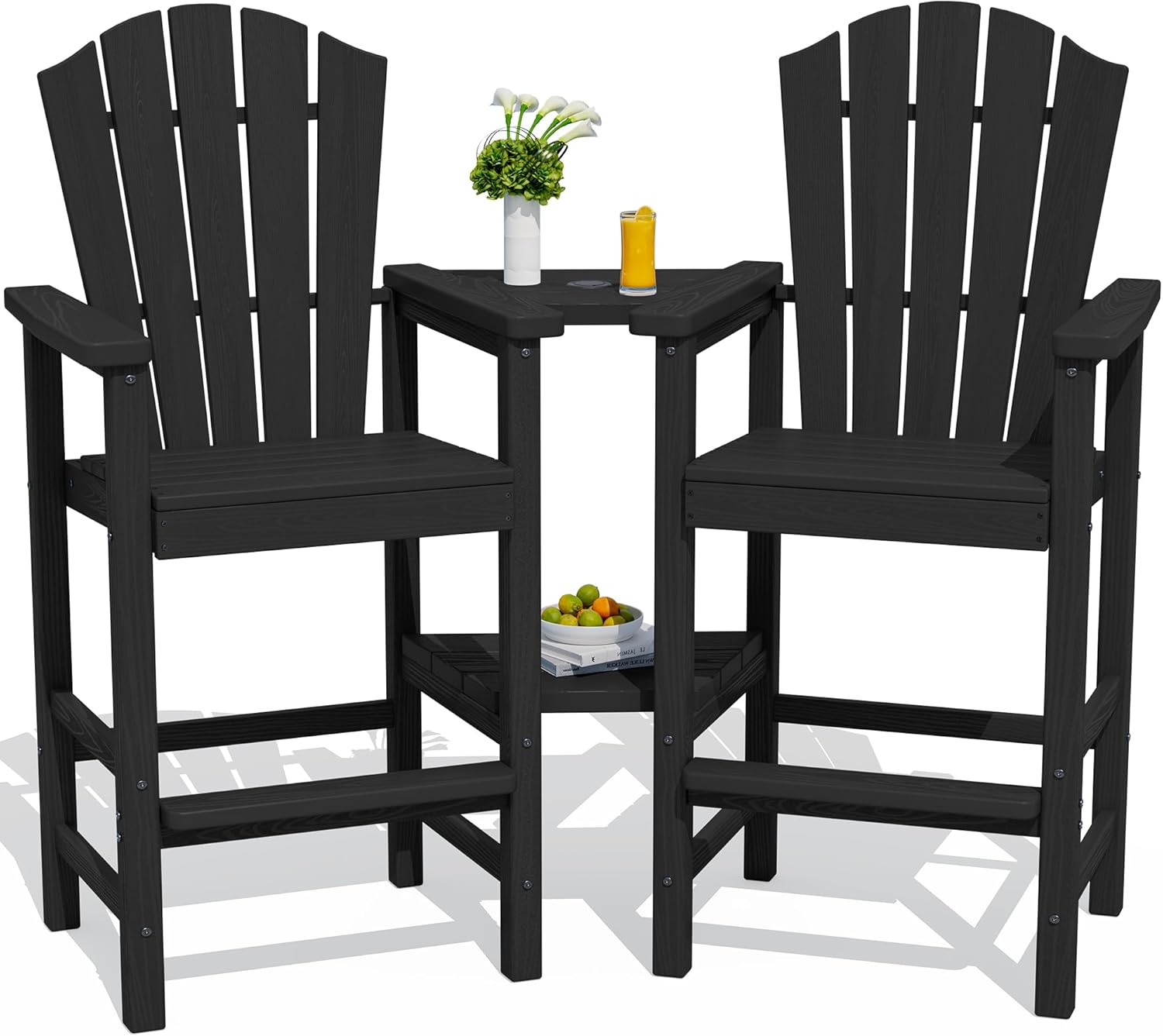 KINGYES Tall Adirondack Chair Set of 2 with Double Connecting Trays, Outdoor HDPE Adirondack Barstools, High Airondack Chair with Wood Grain, Embossed Balcony Chair for Backyard, Black