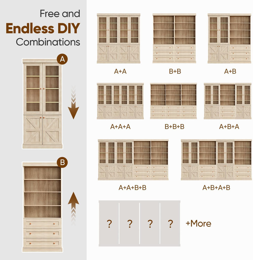 71" Tall Farmhouse Kitchen Pantry Cabinet, Brown Wood Hutch with Glass Doors, 3 Drawers & Adjustable Shelves, Large Storage Cabinet for Dining Room & Living Room, Set of 3