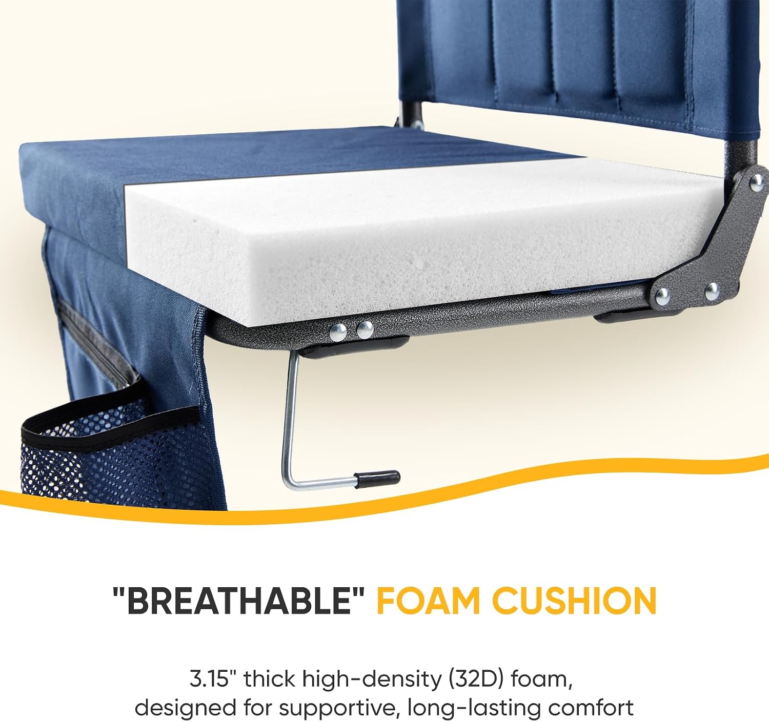 NEWBULIG Stadium Seats with 15.6" Back Support, Wide Bleacher Chairs with 3.15" Thick Padded, Portable Folding Lightweight Bleacher Seat with Hooks for Sports Events, Concerts, Camping, Dark Blue