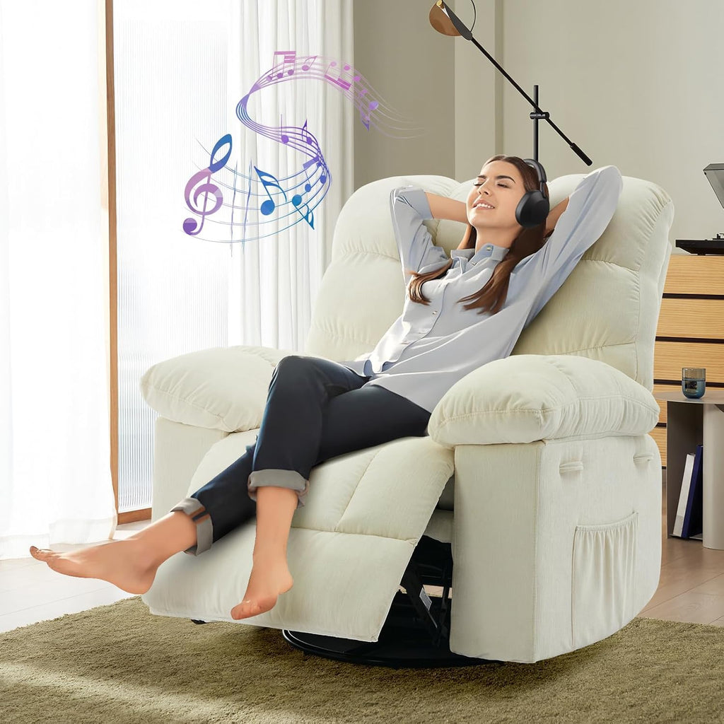 360° Swivel Rocking Recliner Chair, Upholstered Fabric Glider Nursery Chair with Side Pockets, Lazy Boy Single Sofa Recliner with Q235 Steel Frame for Living Room and Small Spaces, Beige