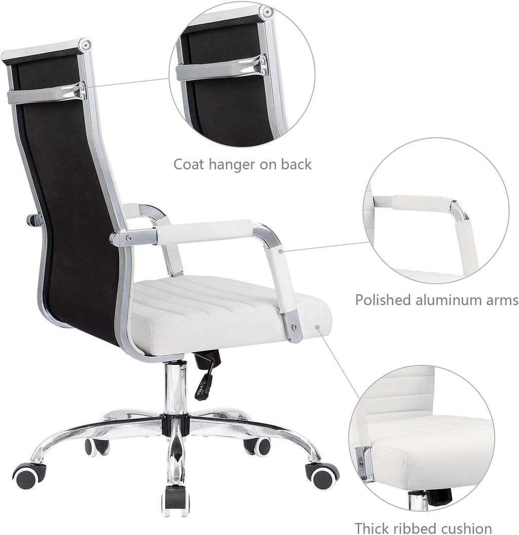 KaiMeng Ribbed Office Desk Mid Back Computer Chair Height Adjustable Conference Executive Task Swivel PU Leather (White)