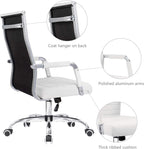 KaiMeng Ribbed Office Desk Mid Back Computer Chair Height Adjustable Conference Executive Task Swivel PU Leather (White)