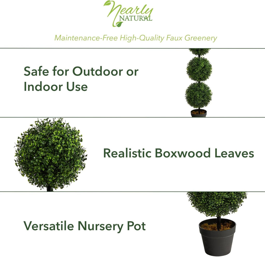 Nearly Natural 36in Artificial Triple Ball Boxwood Topiary Tree - Indoor Outdoor Realistic Faux Greenery for Home Patio Office Decor, Low Maintenance