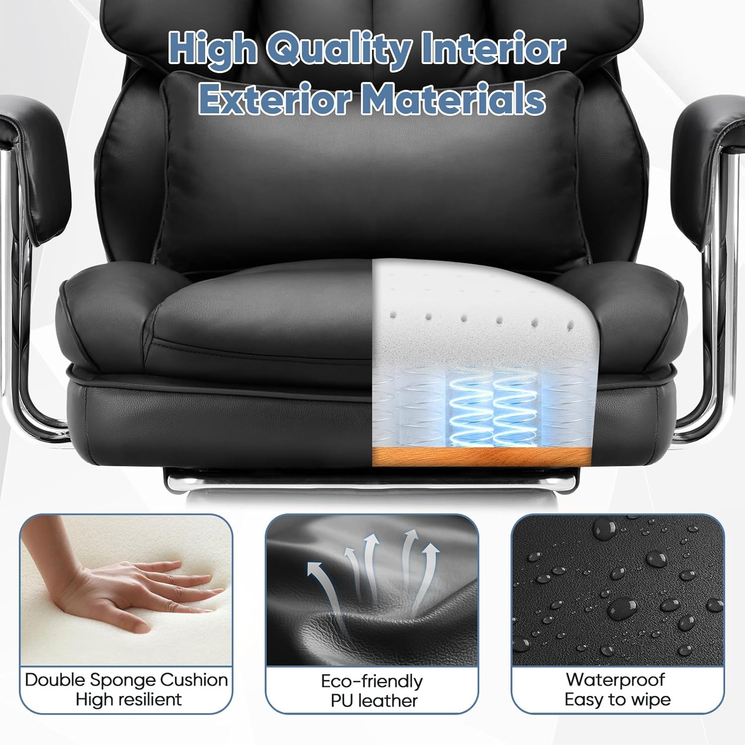 DUMOS Home Office Desk Executive Chair - Ergonomic Big Tall High Back with Footrest & Lumbar Support, Reclining Height Adjustable, Comfy PU Leather Computer Gaming with Swivel Wheels, Black