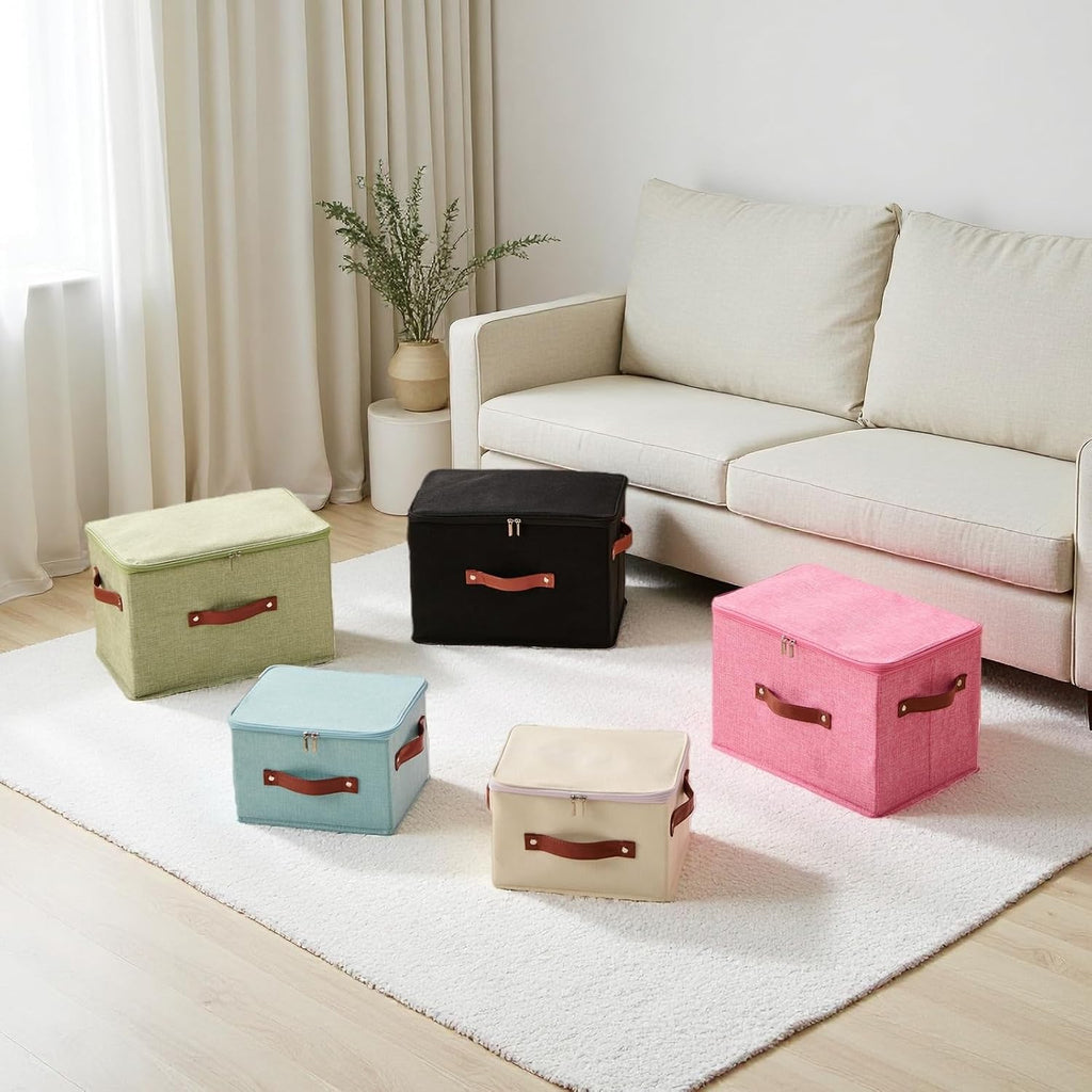 Storage Bin Box with Zippered Lid Cotton Linen Fabric Decorative Basket with PU Leather Handles PP Plastic Board Foldable Lidded Clothing Shelf Closet Organizer Container (Pink, Small)