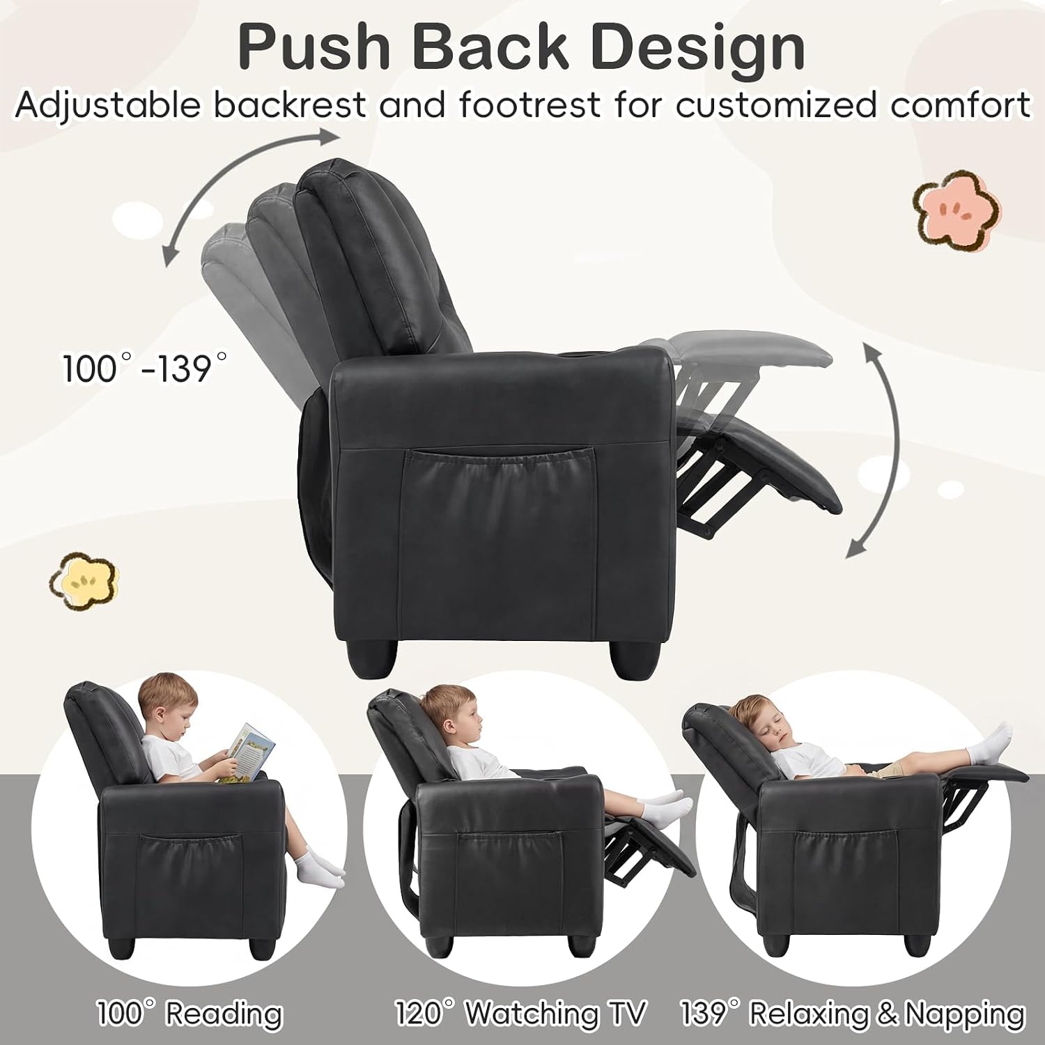 Costzon 2-Seater Kids Recliner, PU Leather Kids Loveseat w/2 Cup Holders & 2 Side Storage Pockets, Toddler Lounge Sofa Chair Couch w/Adjustable Backrest & Footrest for Girls & Boys 3+ Years Old Gifts