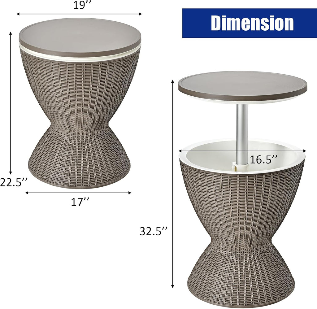 Giantex Outdoor Ice Cooler Side Table with Adjustable Height, 8 Gal Beverage Bucket with Drain Plug, Rattan Patio Bar Table for Poolside, Deck, BBQ & Backyard Parties