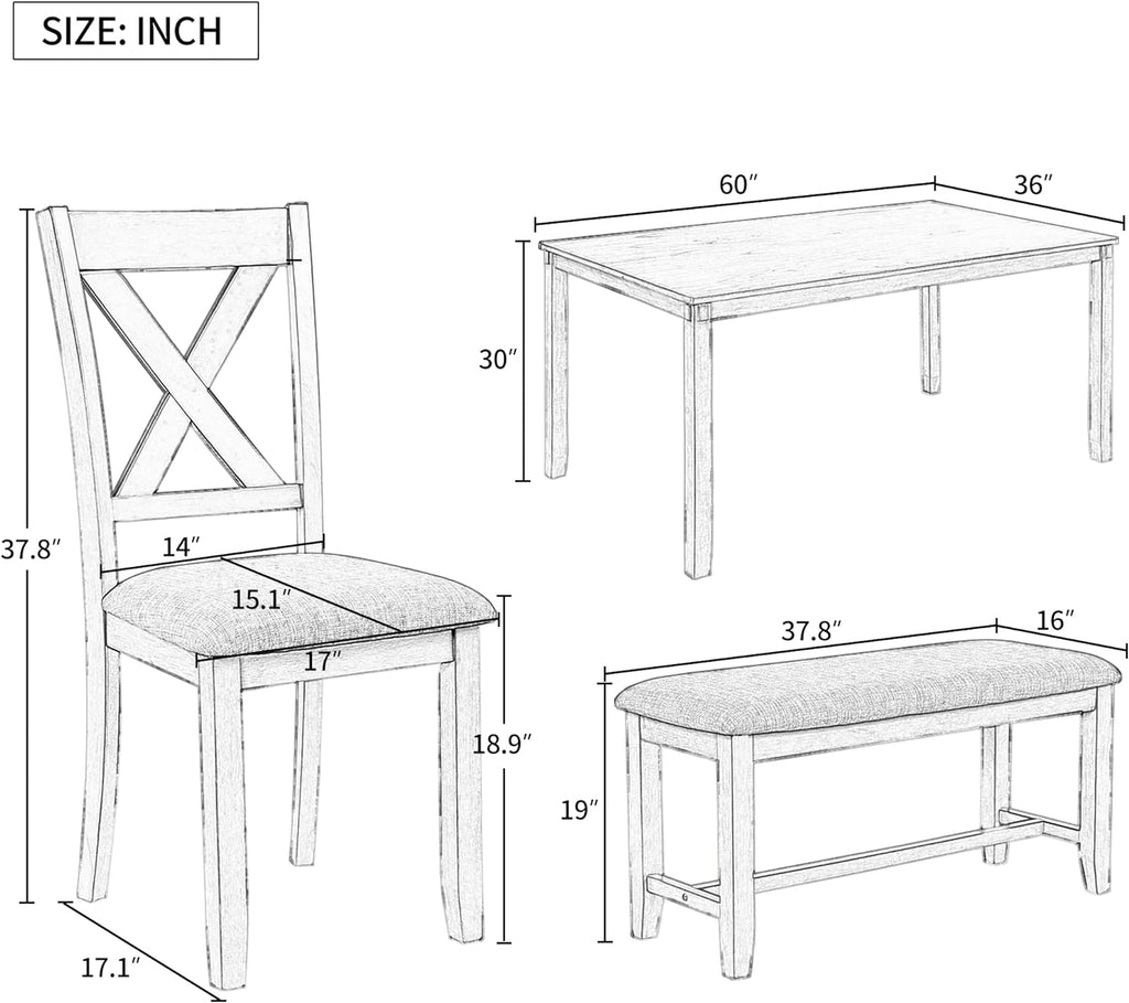 Merax 60" Farmhouse Dining Table Set for 6, Wooden Rectangular Dining Kitchen Table with 4 Fabric Chairs & Bench, 6-Piece Dining Room & Living Room Furniture, Natural Cherry