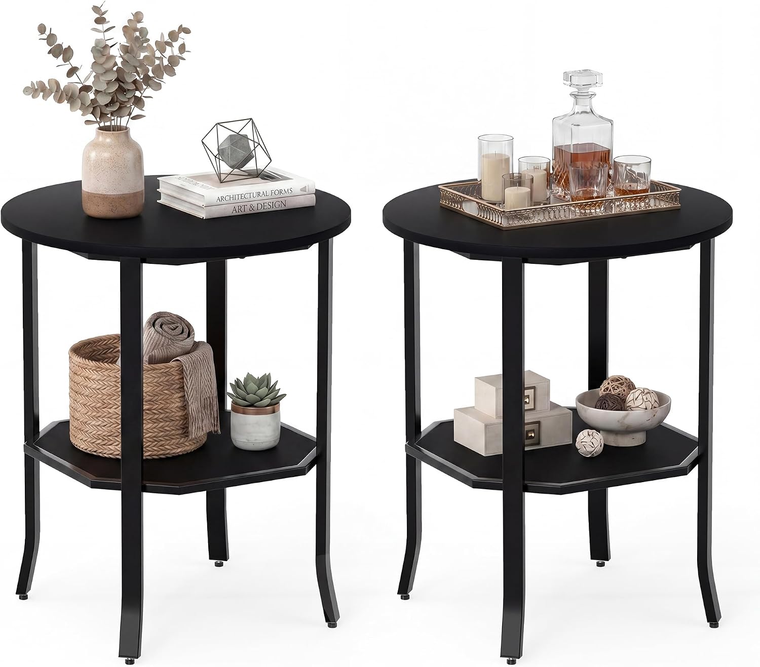Tangkula 2-Tier Round Side End Table, Small Nightstand with Storage Shelf, Industrial Modern Bedside & Sofa Side Table for Small Space, Bedroom, Living Room, Home Office (2, Black)