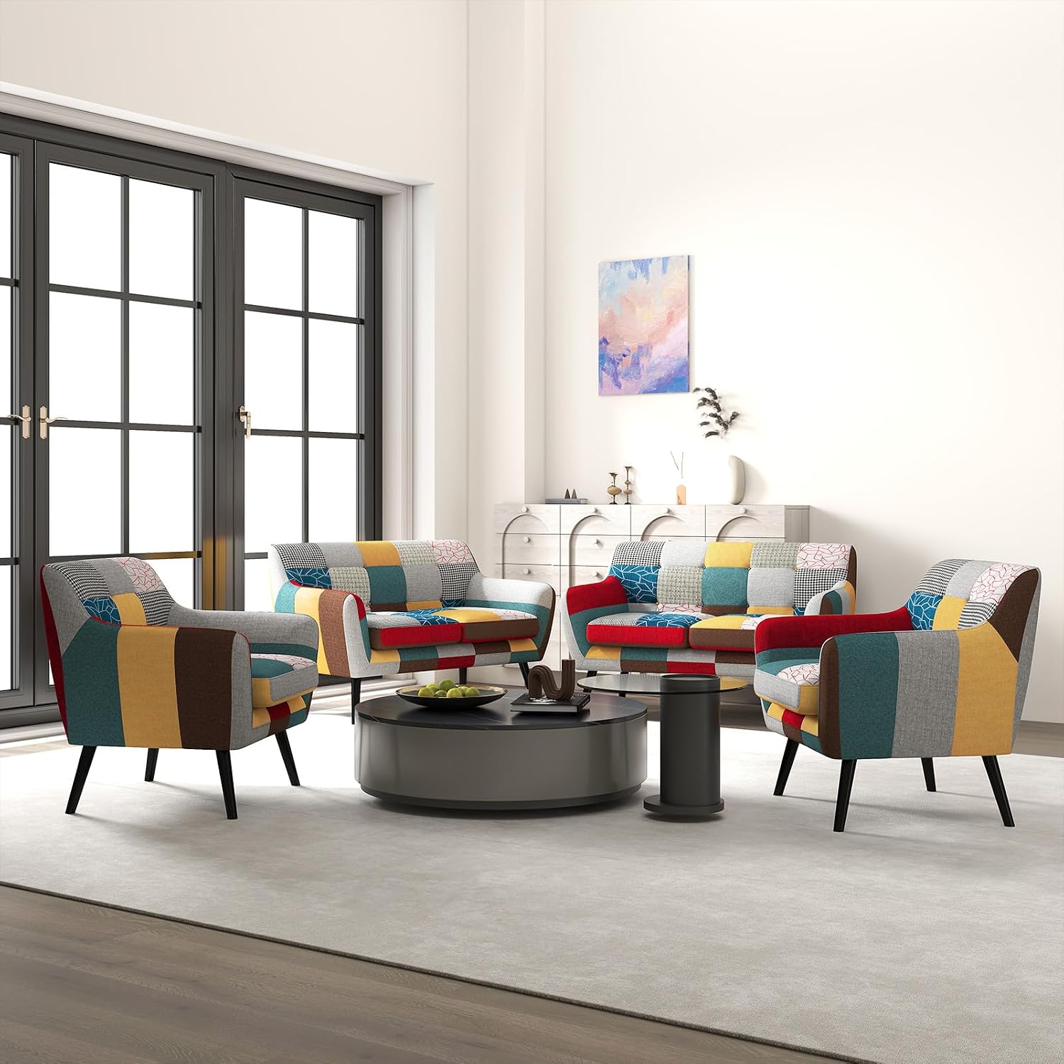 Bonzy Home Modern Colorful 3 Piece Coroful Fabric Sofa Set, Included 2 Accent Chairs and Boho Loveseat, Linen Patchwork Plaid Couches with Rubberwood Legs and Removable Upholstered for Living Room
