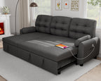 86" Sleeper Sofa Bed, Pull Out Couch Bed with Reversible Storage Chaise, Sectional Couches for Living Room with Side Pocket | Charging Station | Removable Backrest | Prime Linen, Dark Grey