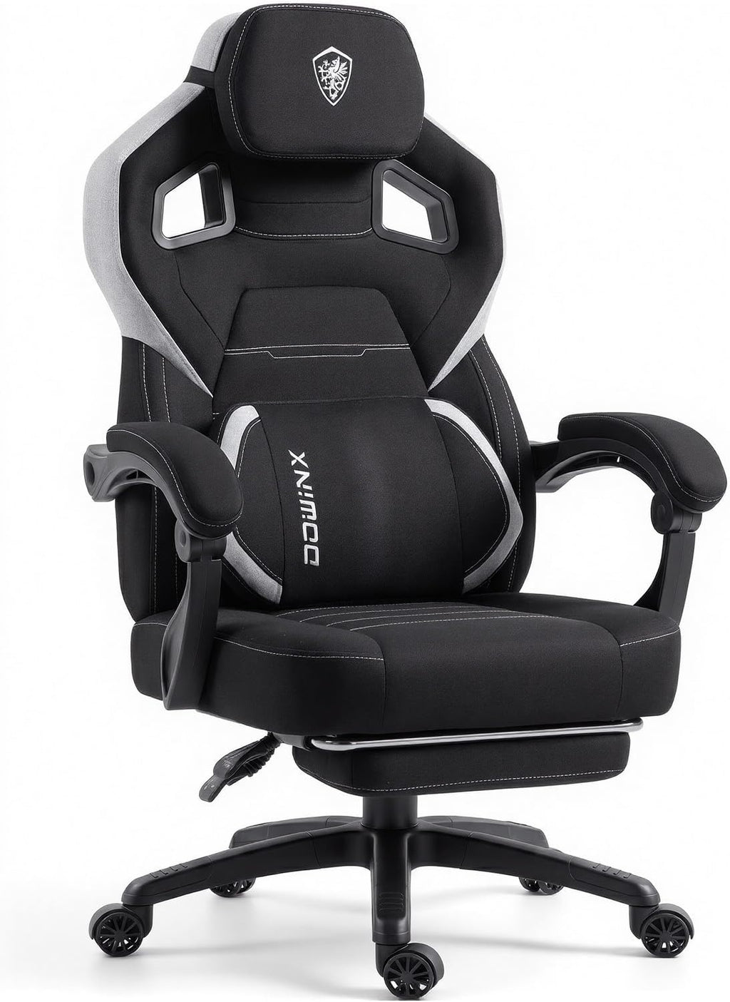 Dowinx Big and Tall Gaming Chair with Footrest, Black | Breathable woven fabric with lumbar support and extra-wide seat back; big-and-tall frame fits larger, heavier users.