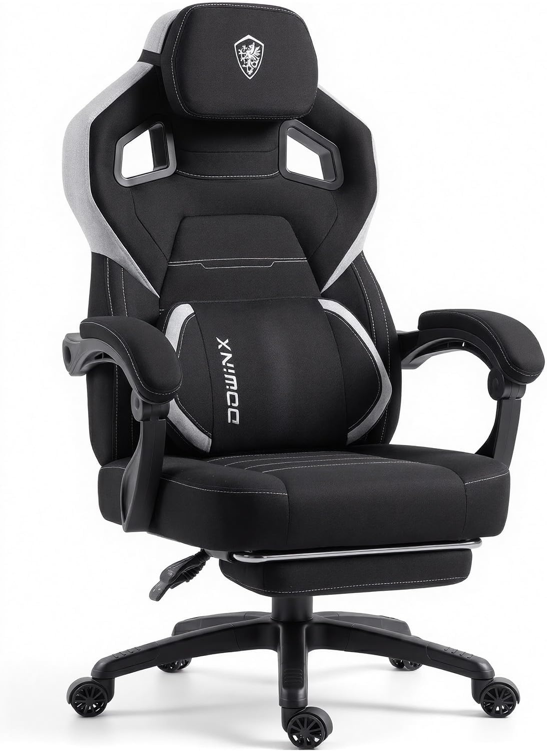 Dowinx Big and Tall Gaming Chair with Footrest, Black | Breathable woven fabric with lumbar support and extra-wide seat back; big-and-tall frame fits larger, heavier users.