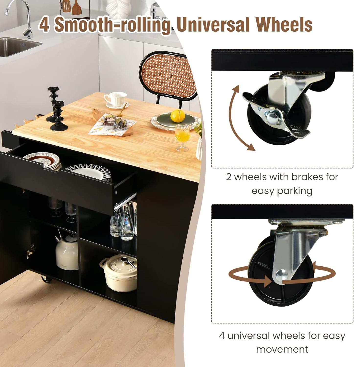 Giantex Kitchen Island Cart Drop-Leaf Countertop, Rubber Wood Breakfast Dining Table w/Large Drawer, Storage Shelves, 4-Tier Spice Rack, Rolling Serving Cart on 5 Wheels for Home Coffee Bar (Black)