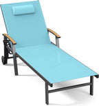 Ciokea Outdoor Lounge Chair with Pillow, 5-Position Chaise Lounge with Wheels & Armrests, 400 lbs Heavy Duty Aluminum Pool Lounger for Beach, Deck, Backyard & Poolside, Lake Blue