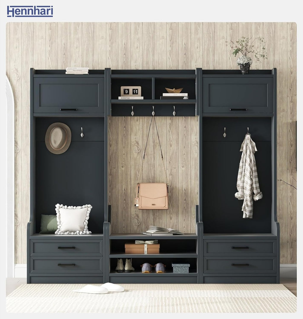 4-in-1 Detachable Entryway Hall Tree with Shoe Storage Bench, Mudroom Coat Rack with Drawers, Open Shelves and Hooks, Entryway Storage Cabinet for Hallway, Foyer (Antique Blue)