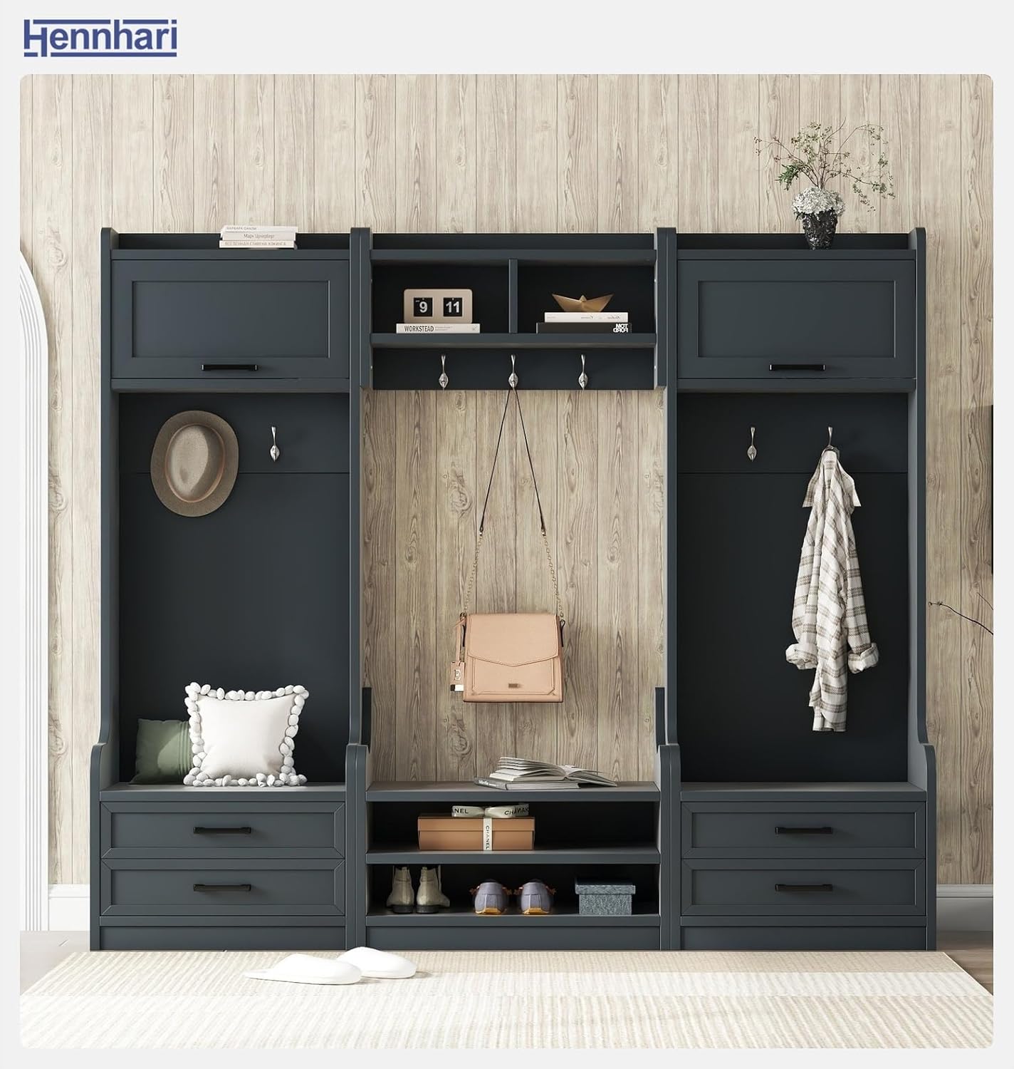 4-in-1 Detachable Entryway Hall Tree with Shoe Storage Bench, Mudroom Coat Rack with Drawers, Open Shelves and Hooks, Entryway Storage Cabinet for Hallway, Foyer (Antique Blue)
