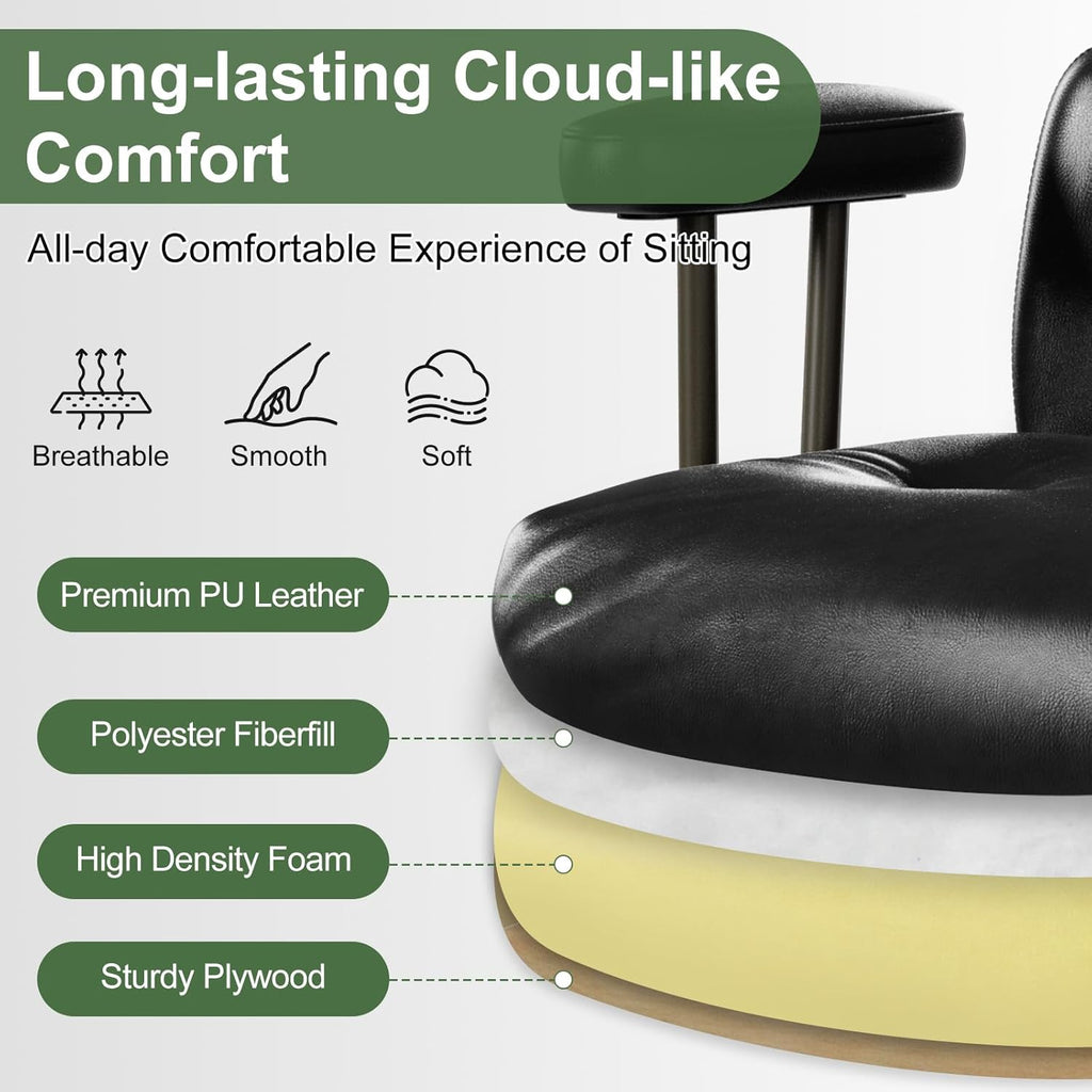 Mid-Century Modern Ergonomic Office Chair,Mid Back Faux Leather Executive Desk Chair with Walnut Bentwood,Tufted Adjustable Swivel Computer Chair for Home Office,Black