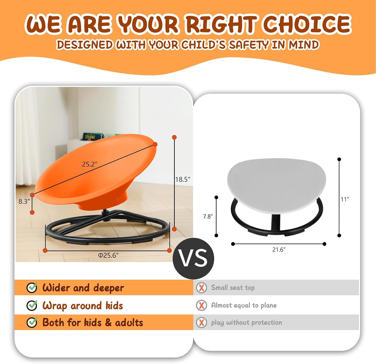 Spinning Chair for Autistic Kids, Sit and Spin Autism Toys for Age 3+, Sensory Swivel Chair Enhancing Motor Skills, Educational Indoor & Outdoor Toys (Orange)