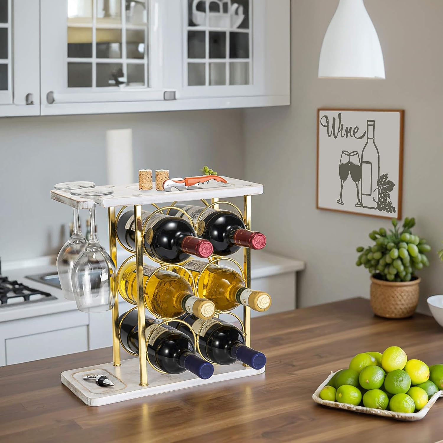 Gold Wine Rack with Glass Holder, Countertop Wooden Wine Holder for 6 Bottles & 2 Glasses, Includes Storage Trays for Corks & Openers – Perfect White & Gold Wine Display for Home Bar & Kitchen Decor