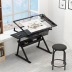 Black Drafting Table Desk w/Stool, Painting Table Art Craft Desk Crafting Table with Tilting Tempered Glass Top, 2 Storage Drawers, Height Adjustable