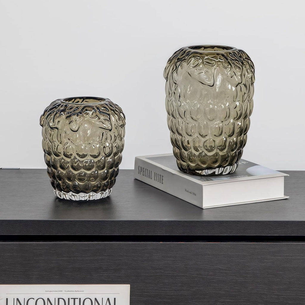 Lvases Amber Bubble Textured Nordic Modern Clear Glass Flower Vase | Minimalist glass vessel for fresh cut floral arrangement, table center decor for living room dining shelf indoor home display