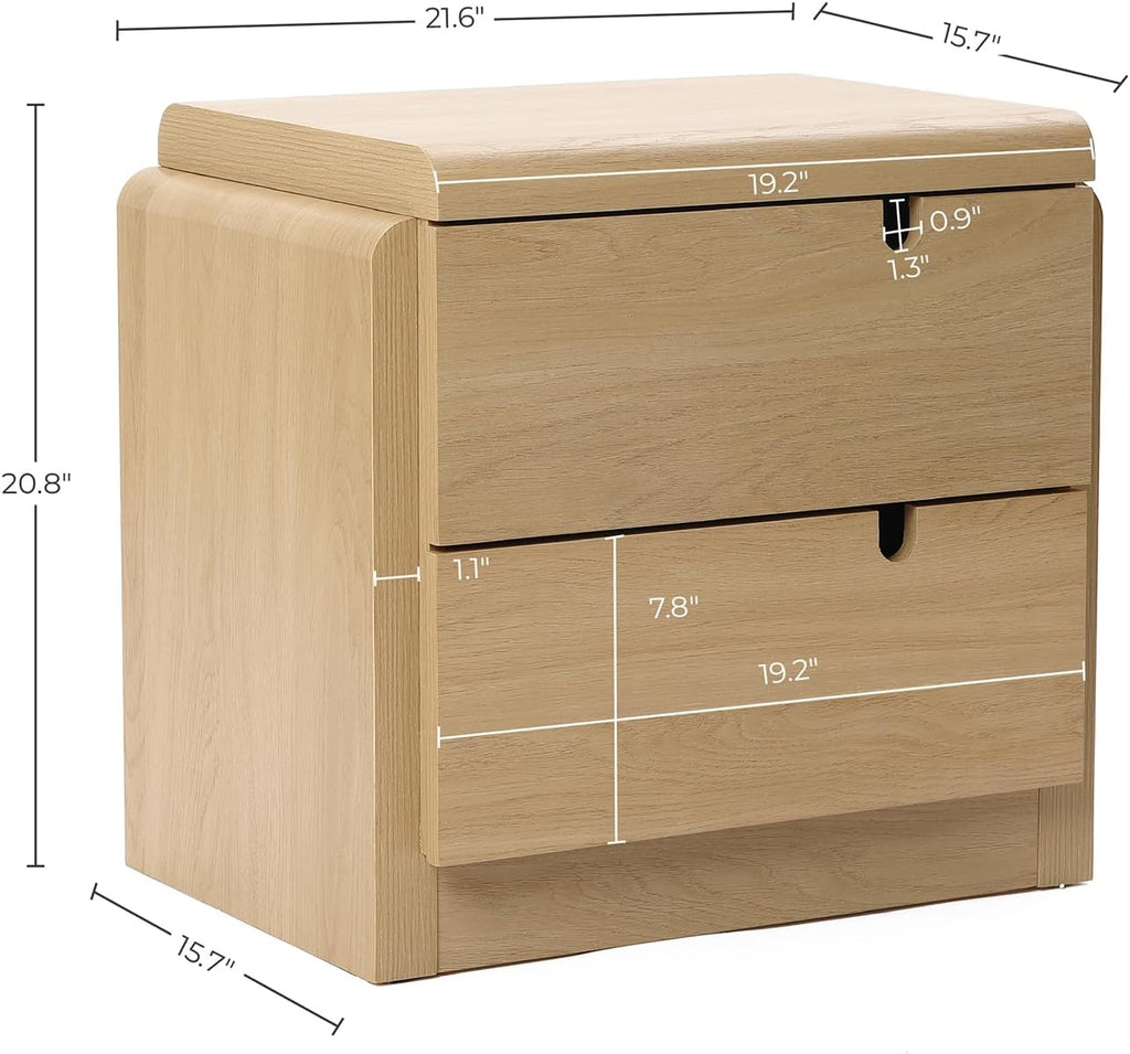 LuxenHome 21" H Modern Nightstand with 2 Drawers, Mid Century Modern Oak Night Stand with Curved Edge, Bedside Table with Storage, Wooden Accent End Table, Small Night Stand for Bedroom, Living Room