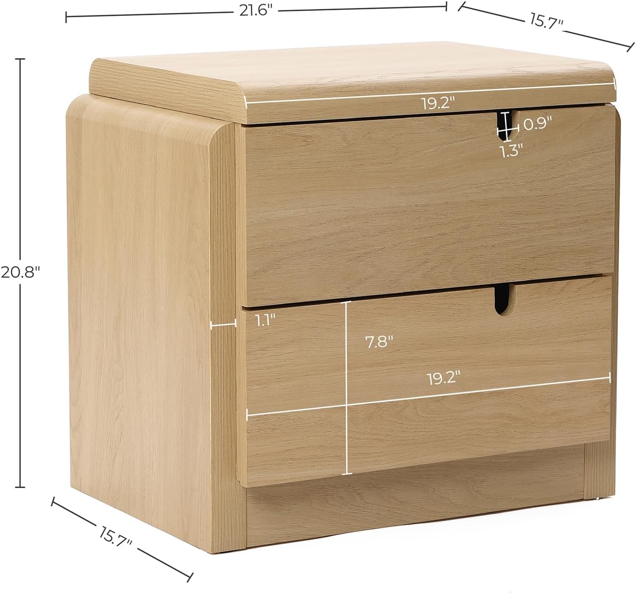 LuxenHome 21" H Modern Nightstand with 2 Drawers, Mid Century Modern Oak Night Stand with Curved Edge, Bedside Table with Storage, Wooden Accent End Table, Small Night Stand for Bedroom, Living Room