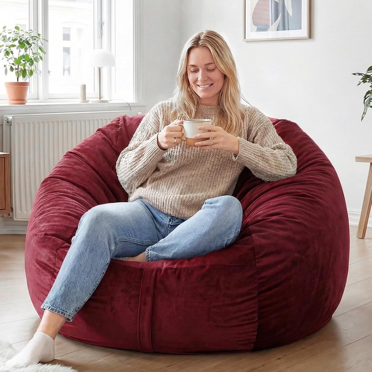 YuppieLife 4FT Foam Filled Bean Bag Chair, Lazy Sofa for Adults, Red | Ready to use, 2-in-1 design: bean bag or sofa mode, Dutch velvet cover, Machine washable, Comfortable