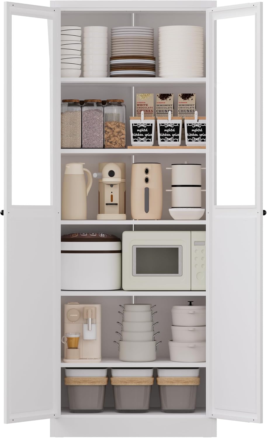 Storage Pantry Buffet Cabinet - 72" White Metal Tall Heavy-Duty Adjustable Freestanding Kitchen Pantry Cabinet with Doors Shelves for Kitchen Living Room Bathroom Garage Pantry
