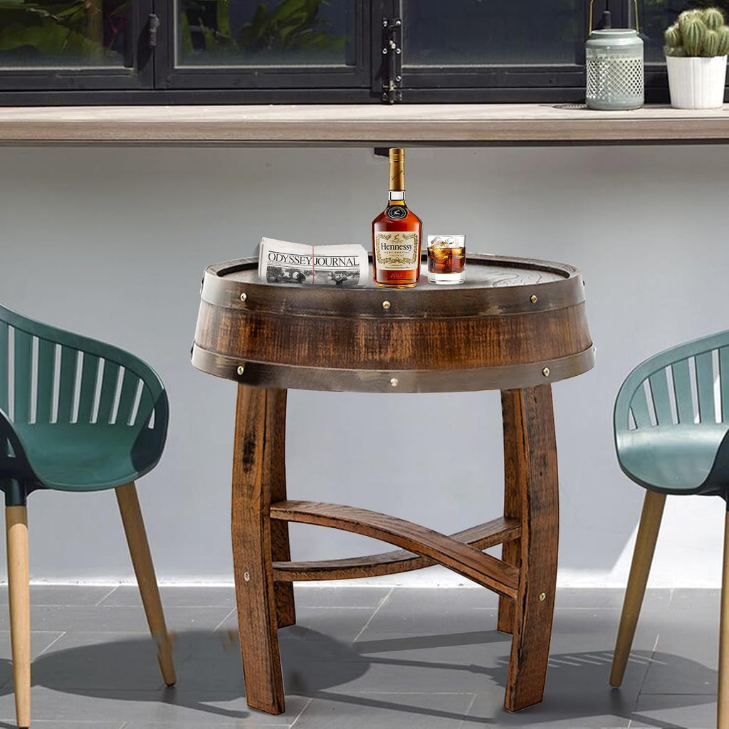 Handcrafted Rustic Whiskey Barrel End Table 23″ Round Solid Wood Accent Coffee & Side Table – Farmhouse Style Nightstand for Living Room Bedroom Patio,N
