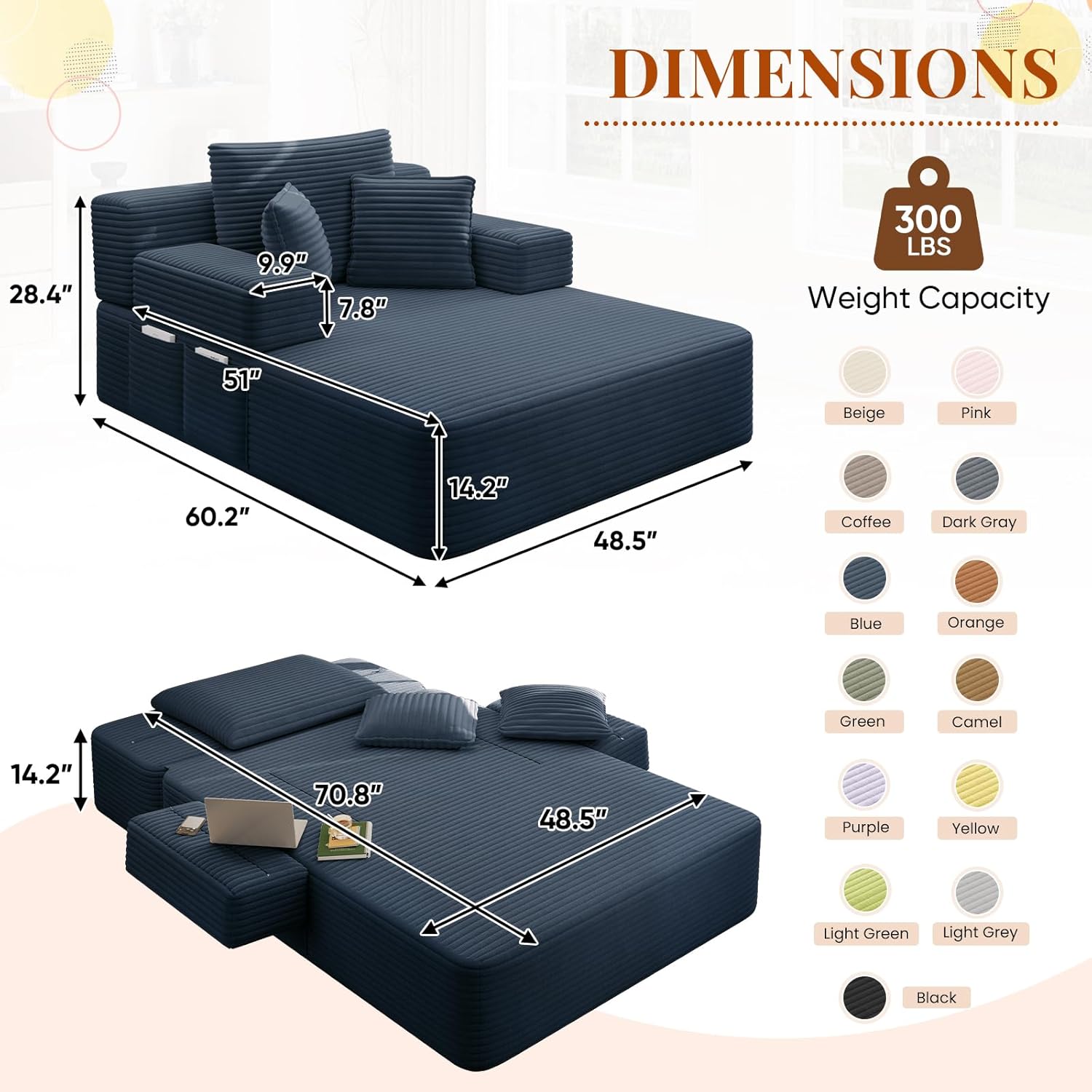 Boneless Chaise Lounge Chair Indoor, 60" Oversized Sleeper Couches W/Foldable Armrest Cloud Corduroy Upholstered Reading Chairs Floor Sofa Bed for Living Room No Assembly, Blue