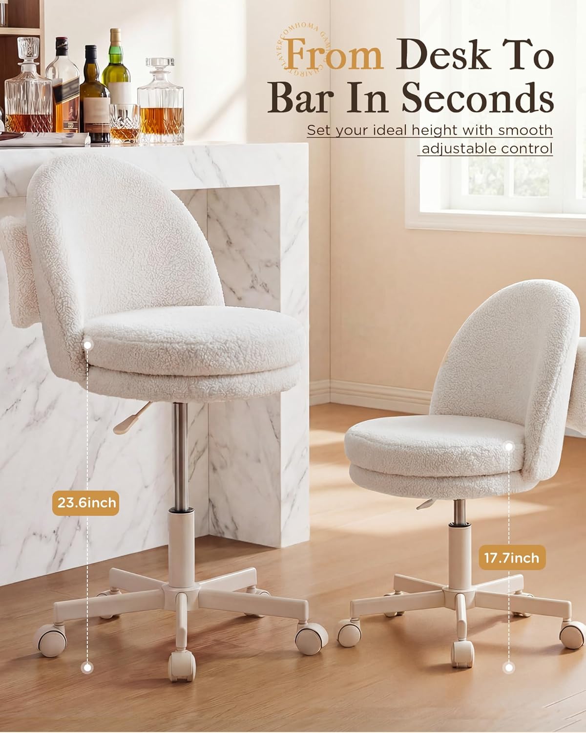 COMHOMA Vanity Chair with Wheels Velvet Tall Office Chair with Back,Armless Desk Chair Comfy Height Adjustable, Soft Lumbar Support for Girls Bedroom Home Vanity Bow Pillow for Gift,White