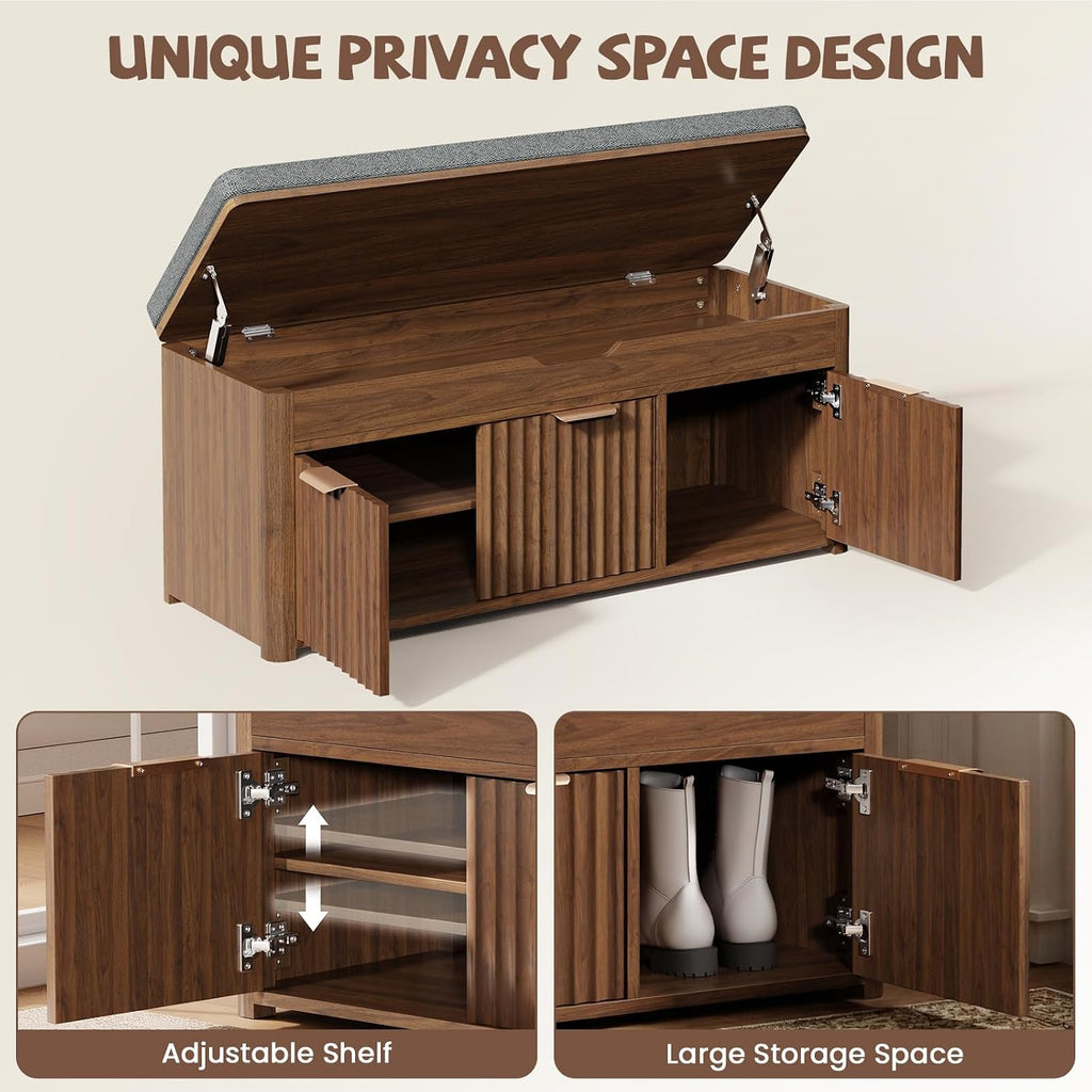 Shoe Bench with Storage, Lift Top Entryway Bench with Hidden Storage, 2-Tier Adjustable Shoe Rack and Cushioned Seat, Wooden End of Bed Bench for Bedroom, Living Room, Hallway, Walnut