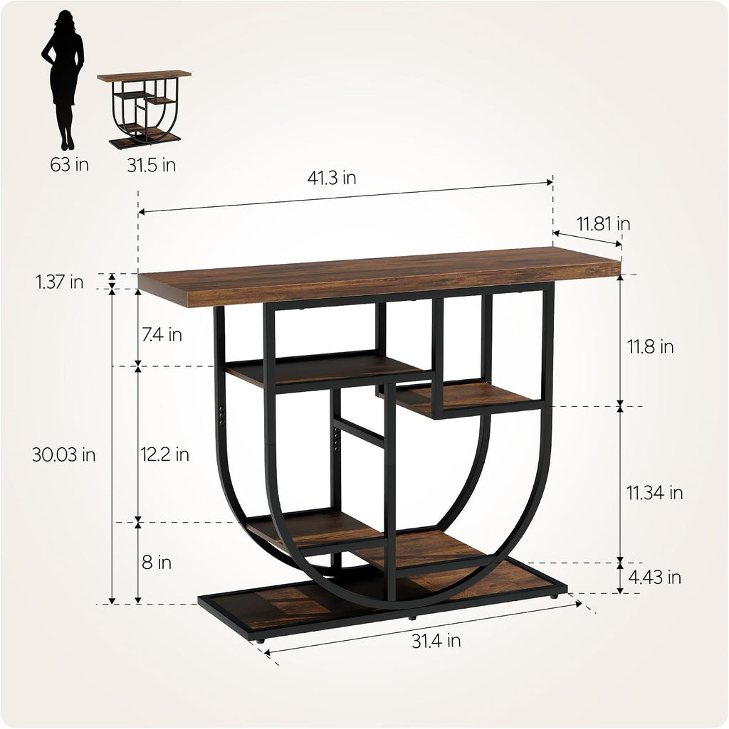 41.3-inch Entryway Console Table, Industrial-Style Sofa Table with Storage, Side Table with Shelves, Suitable for Entrances, Hallways, Foyers, and Entryways, Metal Frame, Vintage Brown
