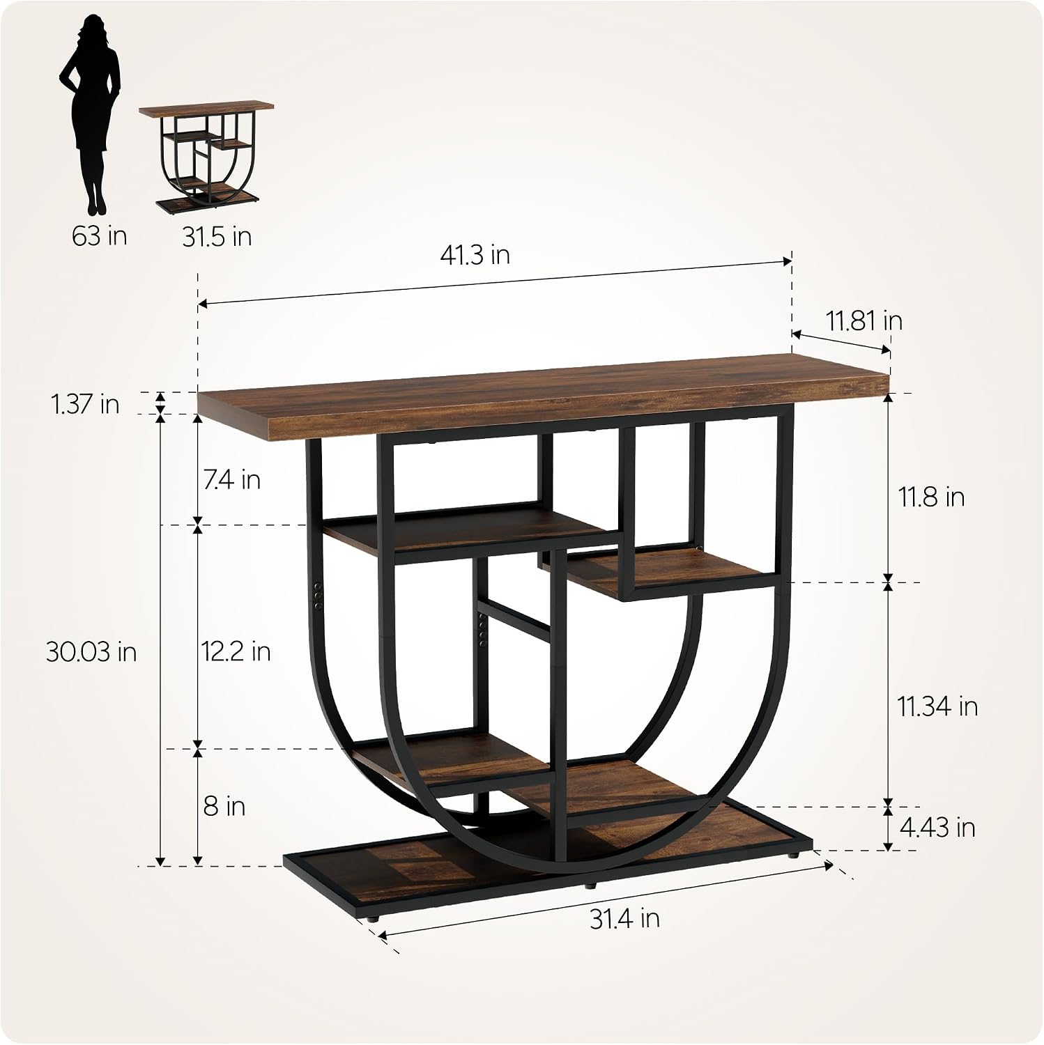 41.3-inch Entryway Console Table, Industrial-Style Sofa Table with Storage, Side Table with Shelves, Suitable for Entrances, Hallways, Foyers, and Entryways, Metal Frame, Vintage Brown