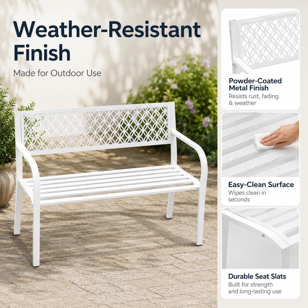 Heavy Duty White Metal Patio Garden Bench for 2 – 50" Wide, 790 lbs Capacity – Weather Resistant – Geometric Backrest & Slatted Seat – Porch, Deck, Entryway, Backyard Seating – White