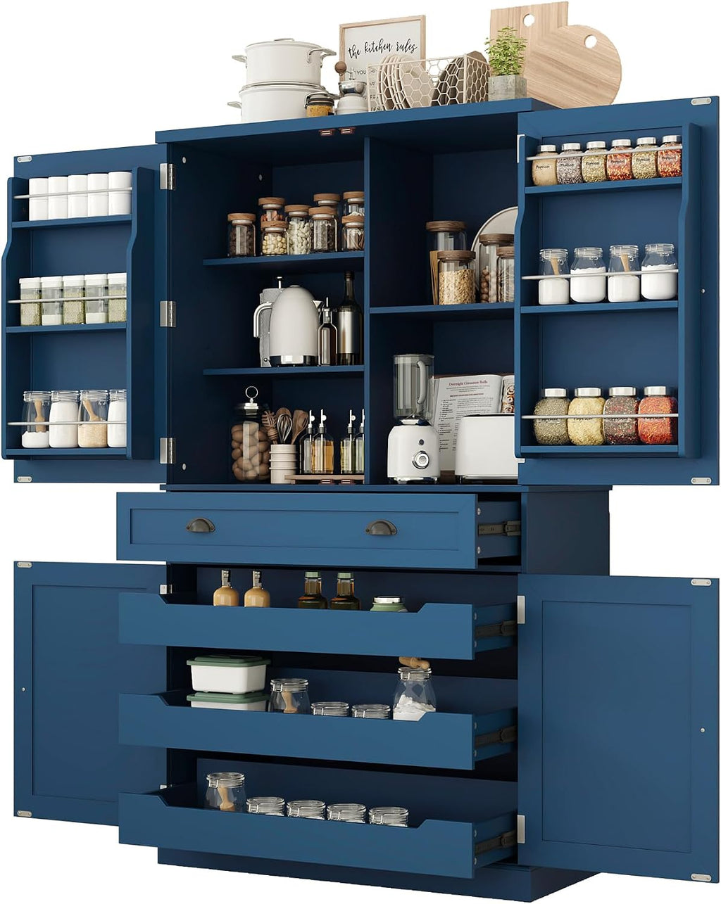 4 Doors Tall Pantry Cabinet with Adjustable Shelves and Drawer, Freestanding Cupboard with 6 Door Shelves and 3 Pull-Out Trays for Kitchen, Dining Room (Blue)