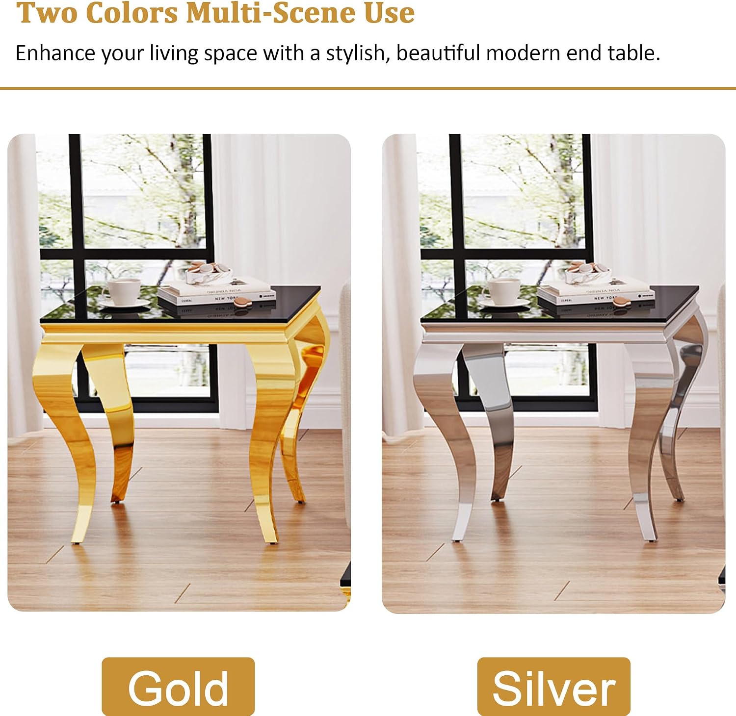Square Glass End Table, 23" Modern Side Table with Black Tempered Glass Top and Gold Mirror-Finished Stainless Steel S-Shaped Legs, Modern Luxury End Table for Living Room or Bedroom