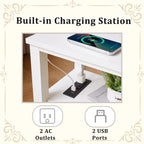 End Table with Charging Station, Narrow Nightstand with 2 Drawers, Side Table with USB Ports & Outlets, Small Bedside Table for Small Spaces, Bedroom, Living Room,Wood, White