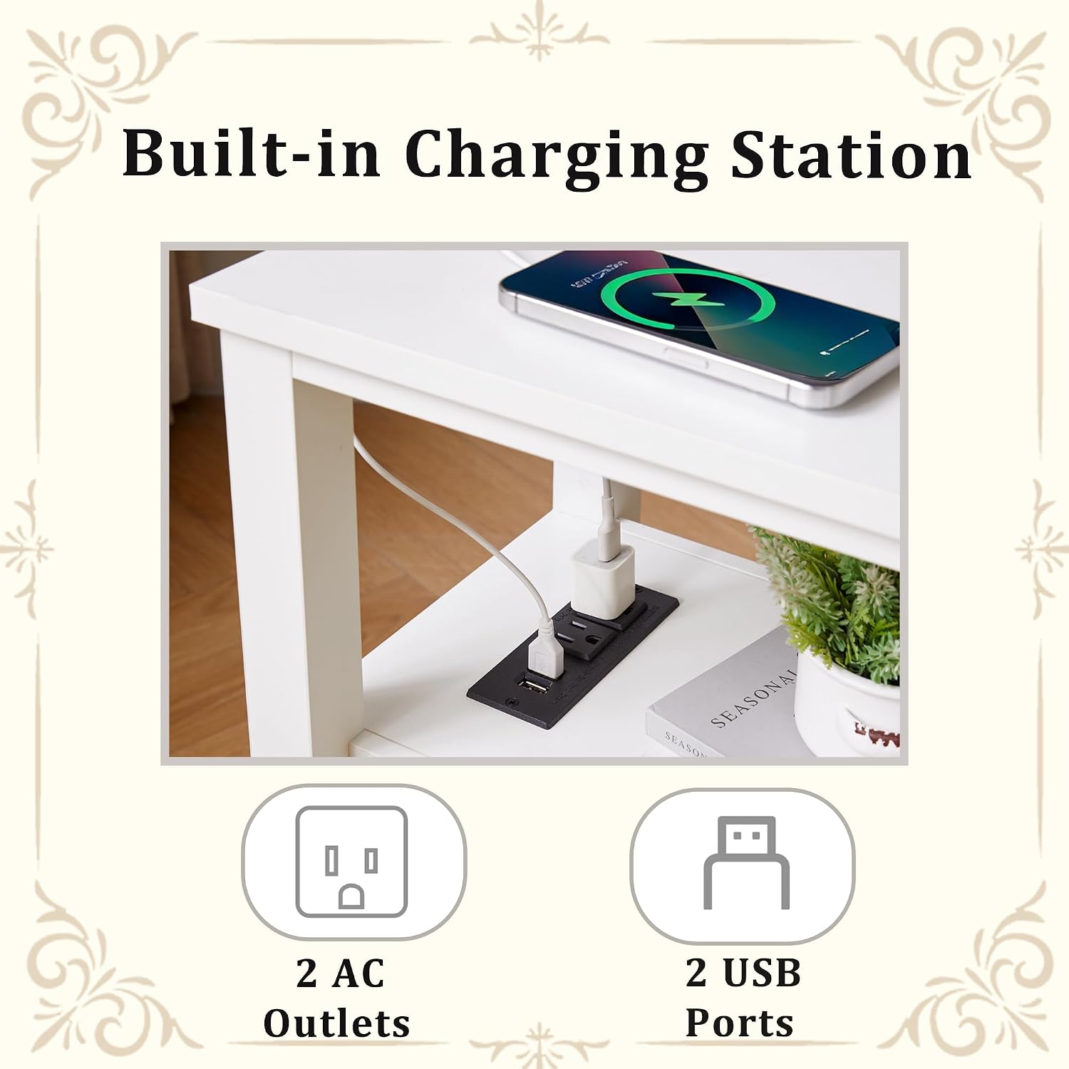 End Table with Charging Station, Narrow Nightstand with 2 Drawers, Side Table with USB Ports & Outlets, Small Bedside Table for Small Spaces, Bedroom, Living Room,Wood, White