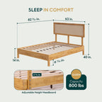 Bme Nipe Bed Frame with Headboard, Bohemian and Mid-Century Modern Style, Solid Rubber Wood Platform Bed with Slat Support, No Box Spring Needed, Easy Assembly, Queen - Light Natural