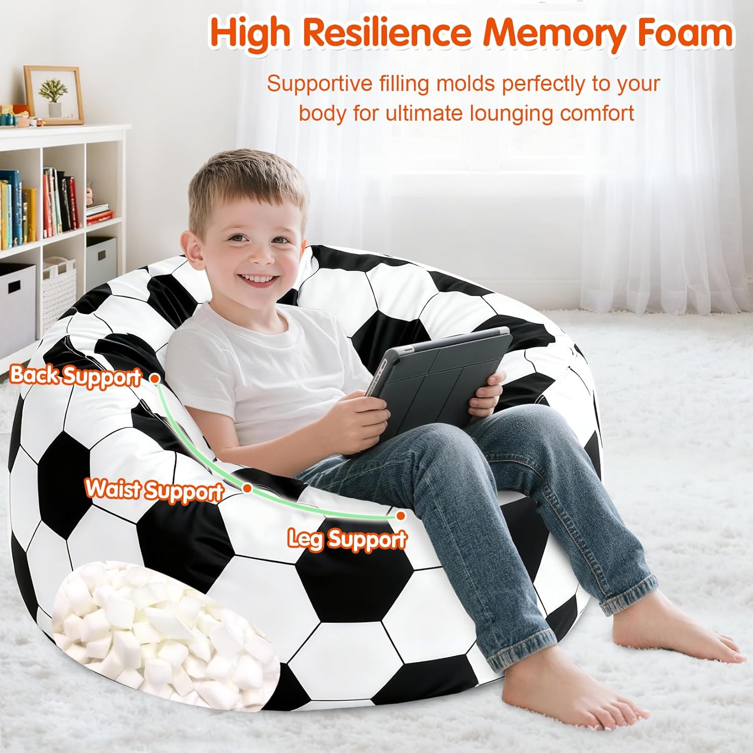 2.2 Ft Soccer Bean Bag Chair for Toddler with Memory Foam Filling, Large Kids Bean Bag Chair with Soft Velvet Cover, Bean Bag Sofa Couch for Living Room, Birthday Gift for Boys Girls, Large