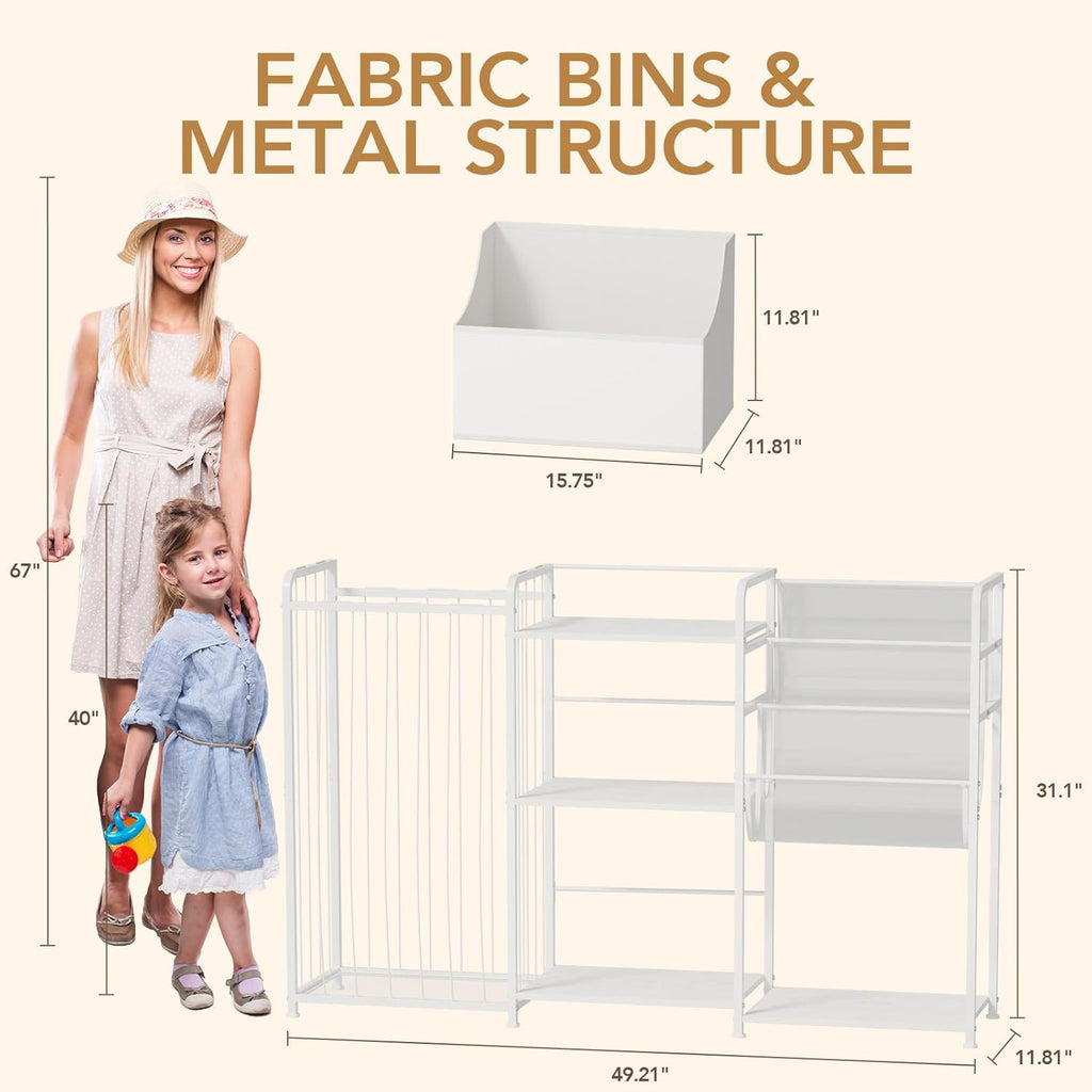 BBLIKE Kids Bookshelf and Toy Storage Organizer, 3-in-1 Toddler Montessori Bookcase with Stuffed Animal Storage & Movable Toy Chest, Large Plushies Holder for Nursery Playroom Bedroom, White